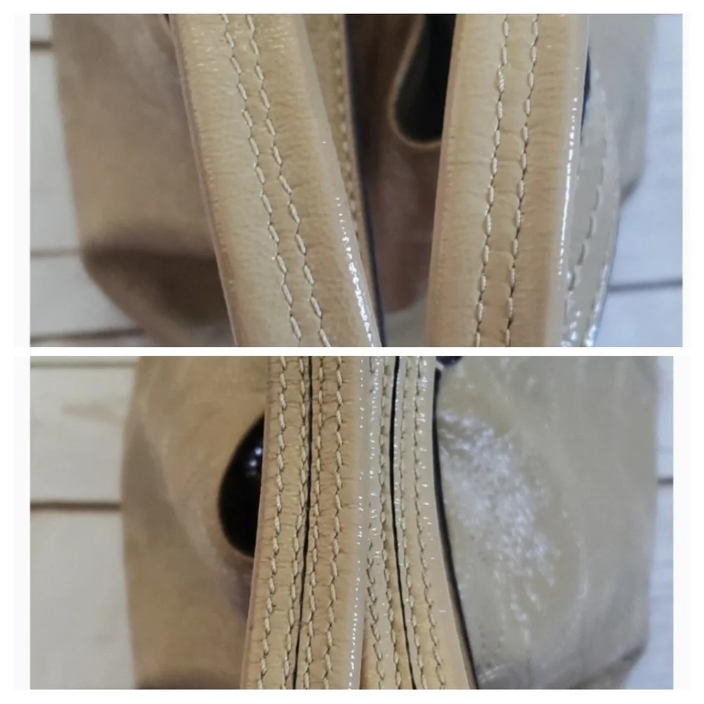 Coach Soho tan stitched satchel with buckle front accent